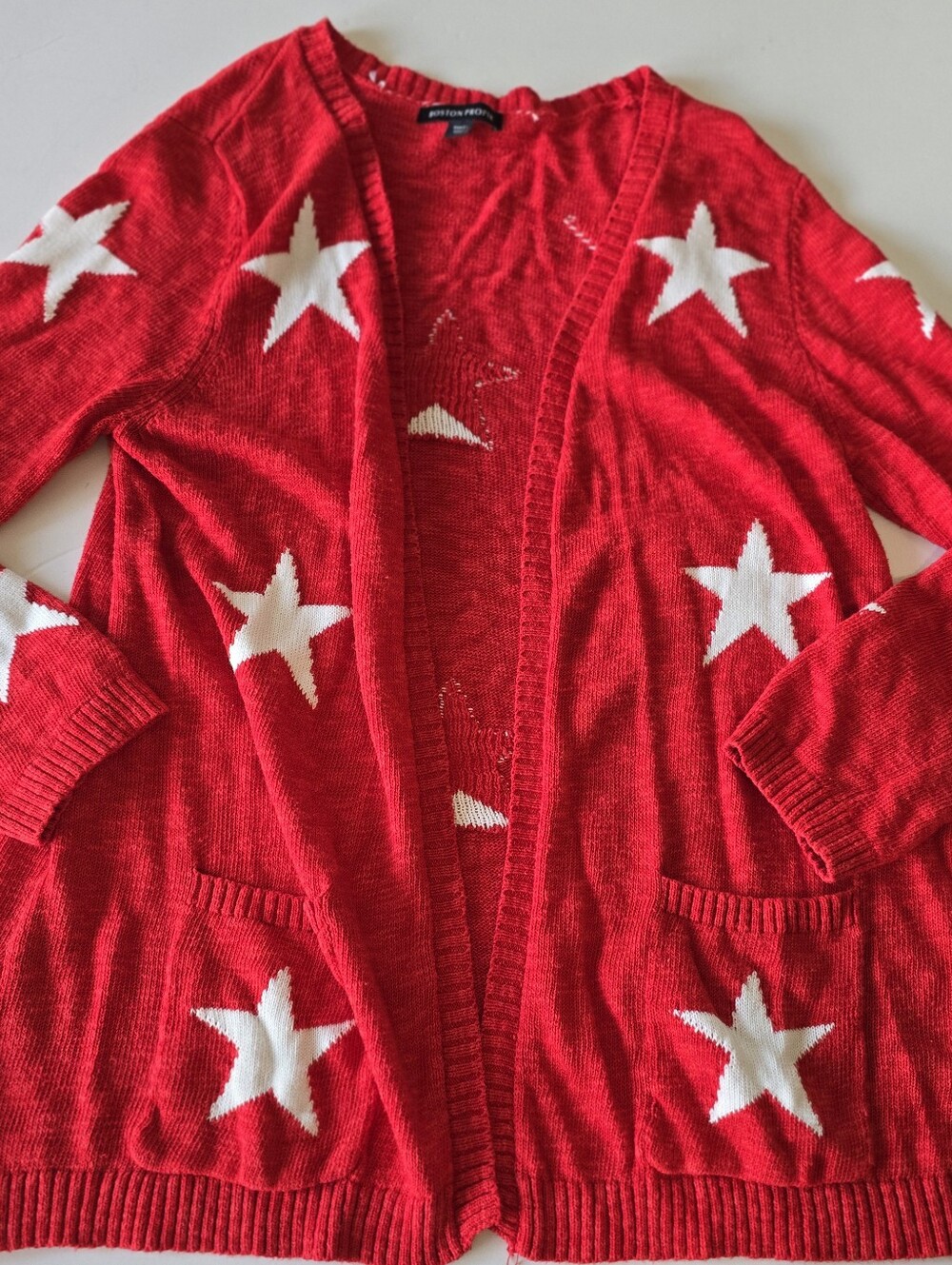 Boston Proper Red Star-Print Open Front Cardigan 100% Cotton
